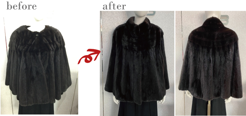 毛皮リフォーム②毛皮の良さを最大限に活かして美しくリフォームしたケープです。豪華すぎて着づらいのを解消しました。